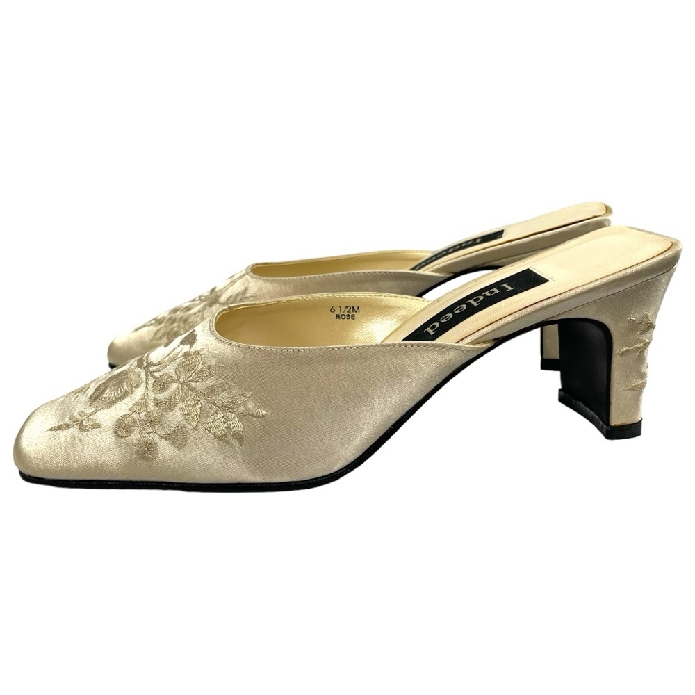Indeed Womens Satin Floral Embroidered Backless Heel Sandals